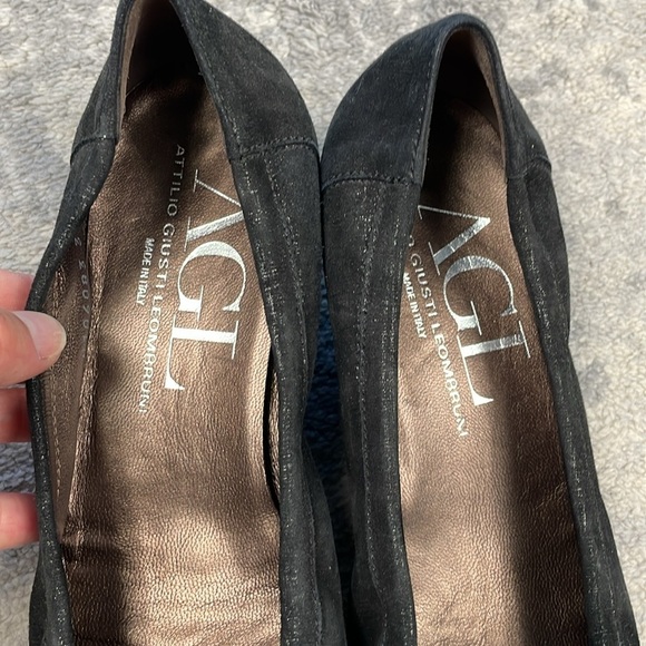 AGL Cap Toe Buckle Ballet Shoes Low Wedge Shimmer Silver Black Sz 39.5 - Picture 9 of 11